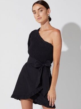 Cleobella Cassidy One-Shoulder Black Ruffle Wrap Dress with Waist Tie